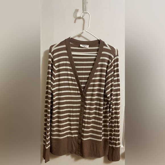 NWOT Zenana Button Down Long Sleeve Lightweight Cardigan- Taupe Stripe - XL - Picture 2 of 4